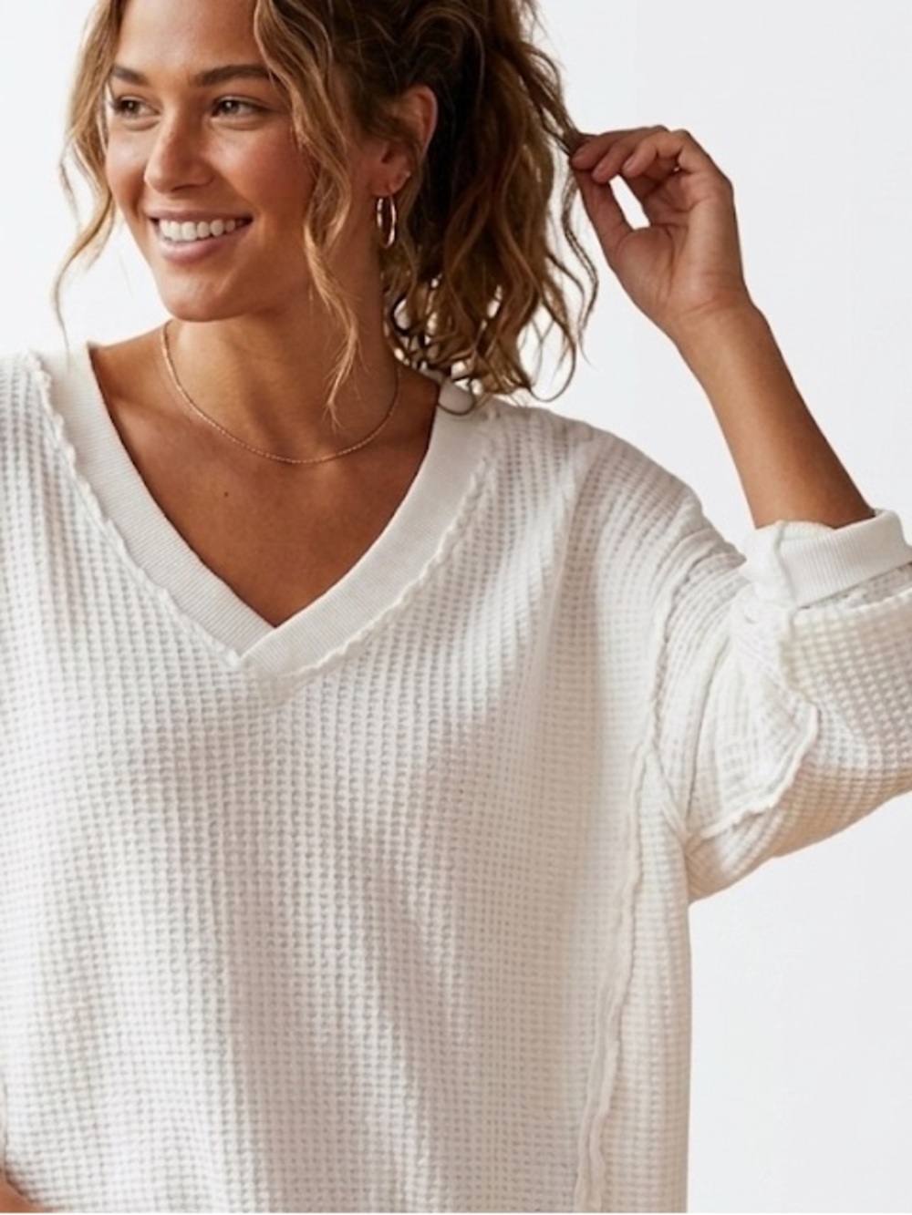 Aerie Oversized Lived-In Waffle Knit V-Neck Sweater Size Small